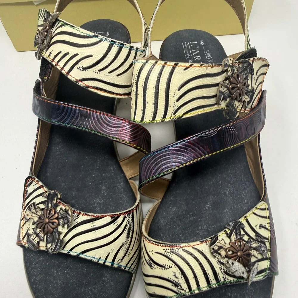 L Artiste Spring Step Acarine-PRM Leather Zebra Floral Sandals Multi Color 41